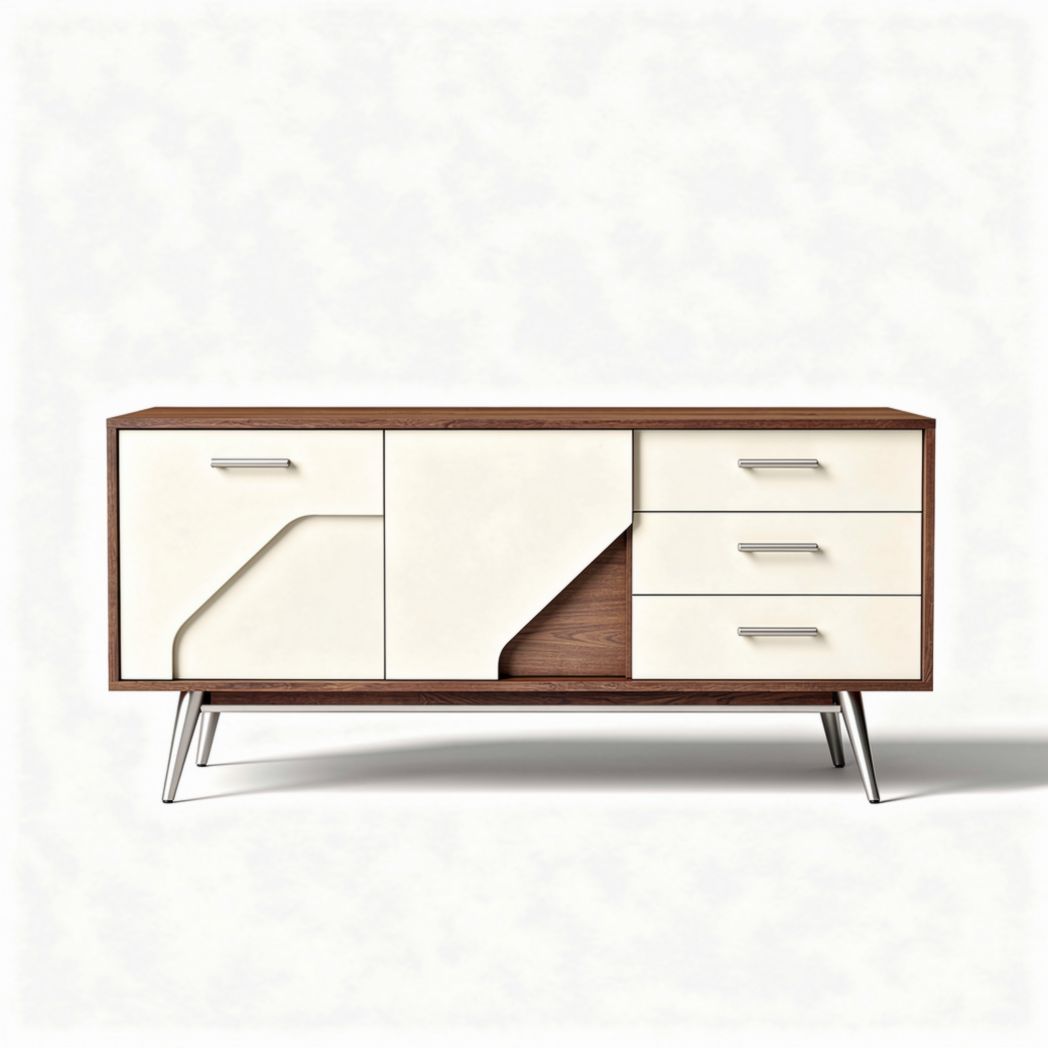 Modern walnut wood and white finish sideboard with four drawers and one cabinet