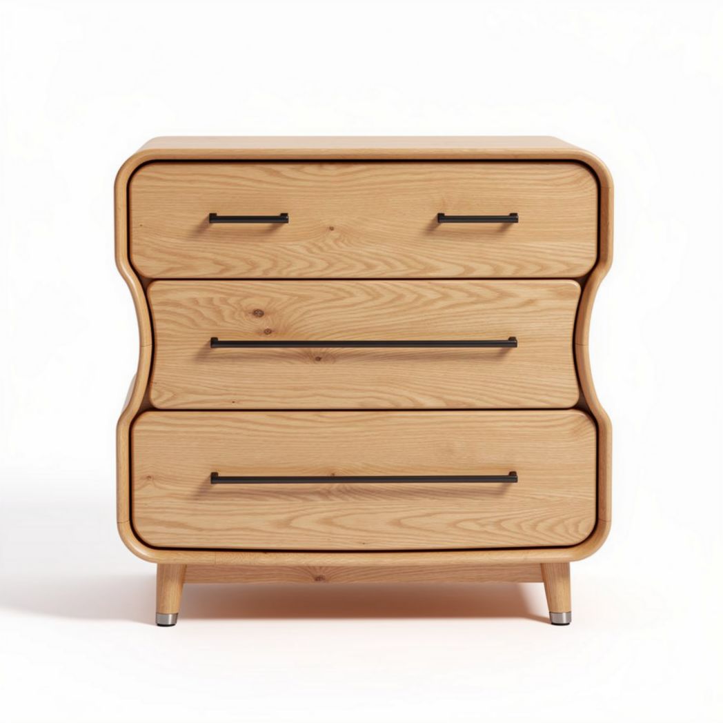 Wooden chest of drawers with three storage compartments and metal handles