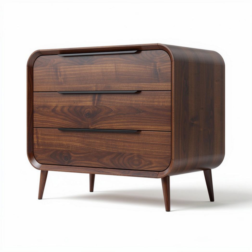 Walnut wood dresser with three drawers for bedroom storage 80 x 40 x 70cm