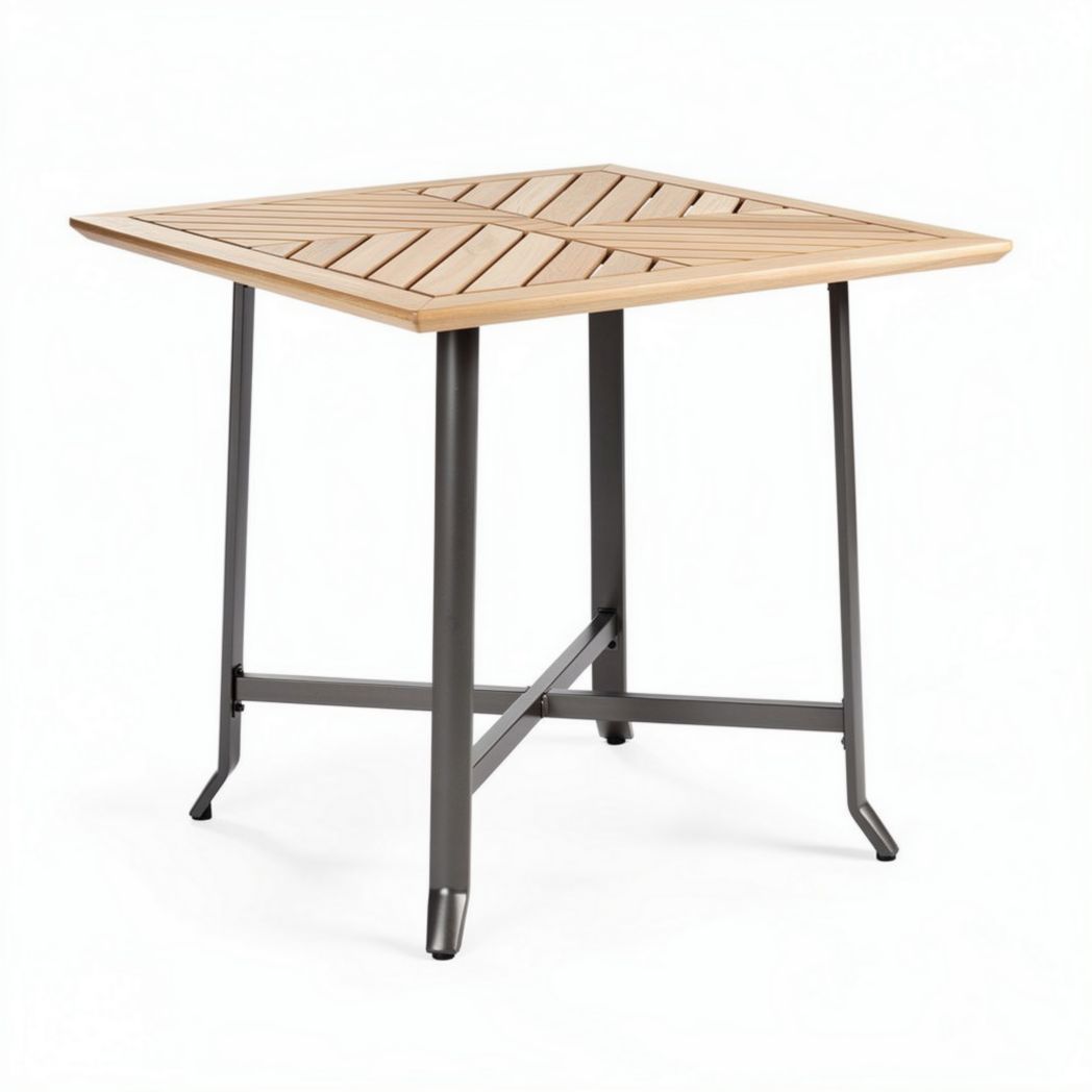 Square outdoor dining table with wooden top and metal frame 90 x 90 x 75cm