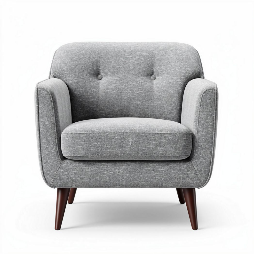 Light gray fabric armchair with wooden legs and buttoned backrest 70 x 80 x 80cm