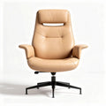 Leather lounge chair with adjustable headrest and swivel base in tan color