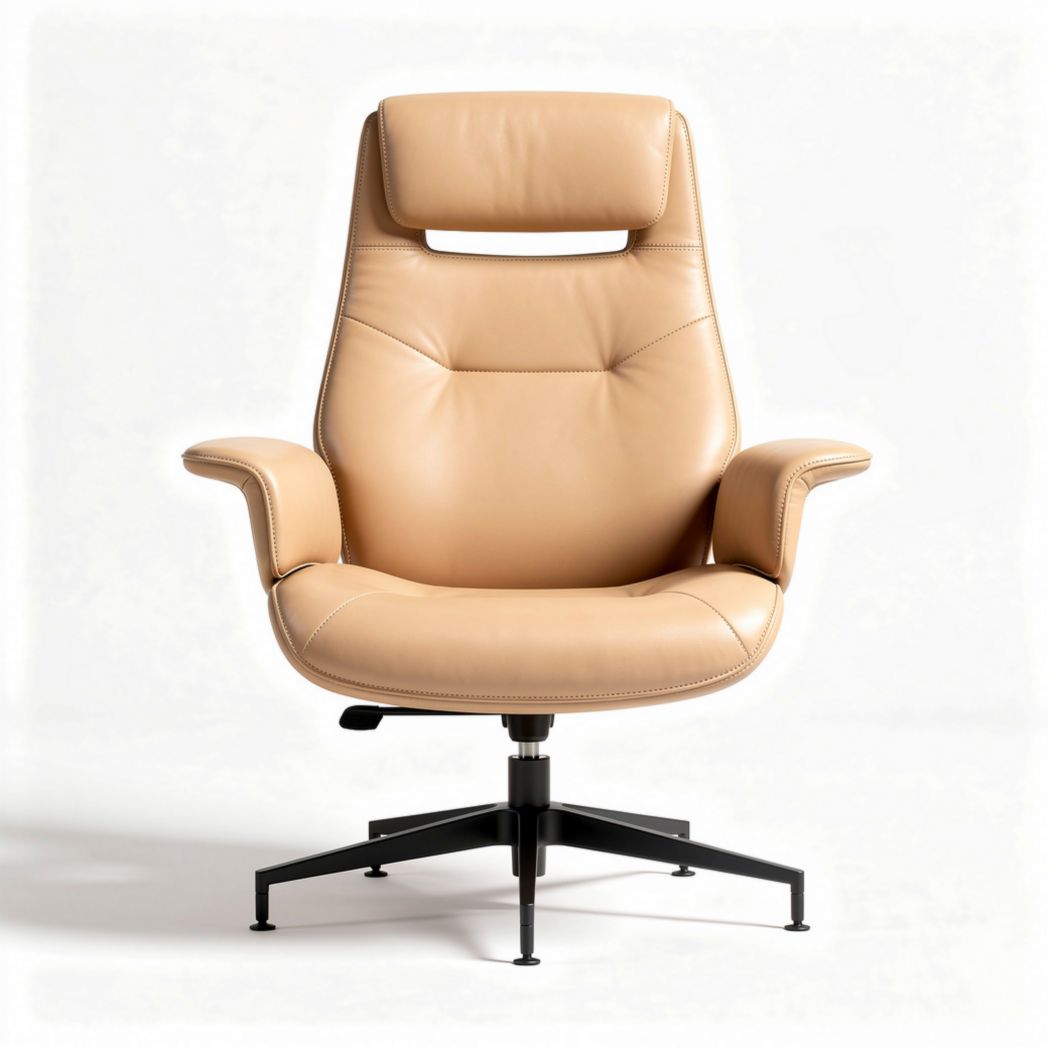 Leather lounge chair with adjustable headrest and swivel base in tan color