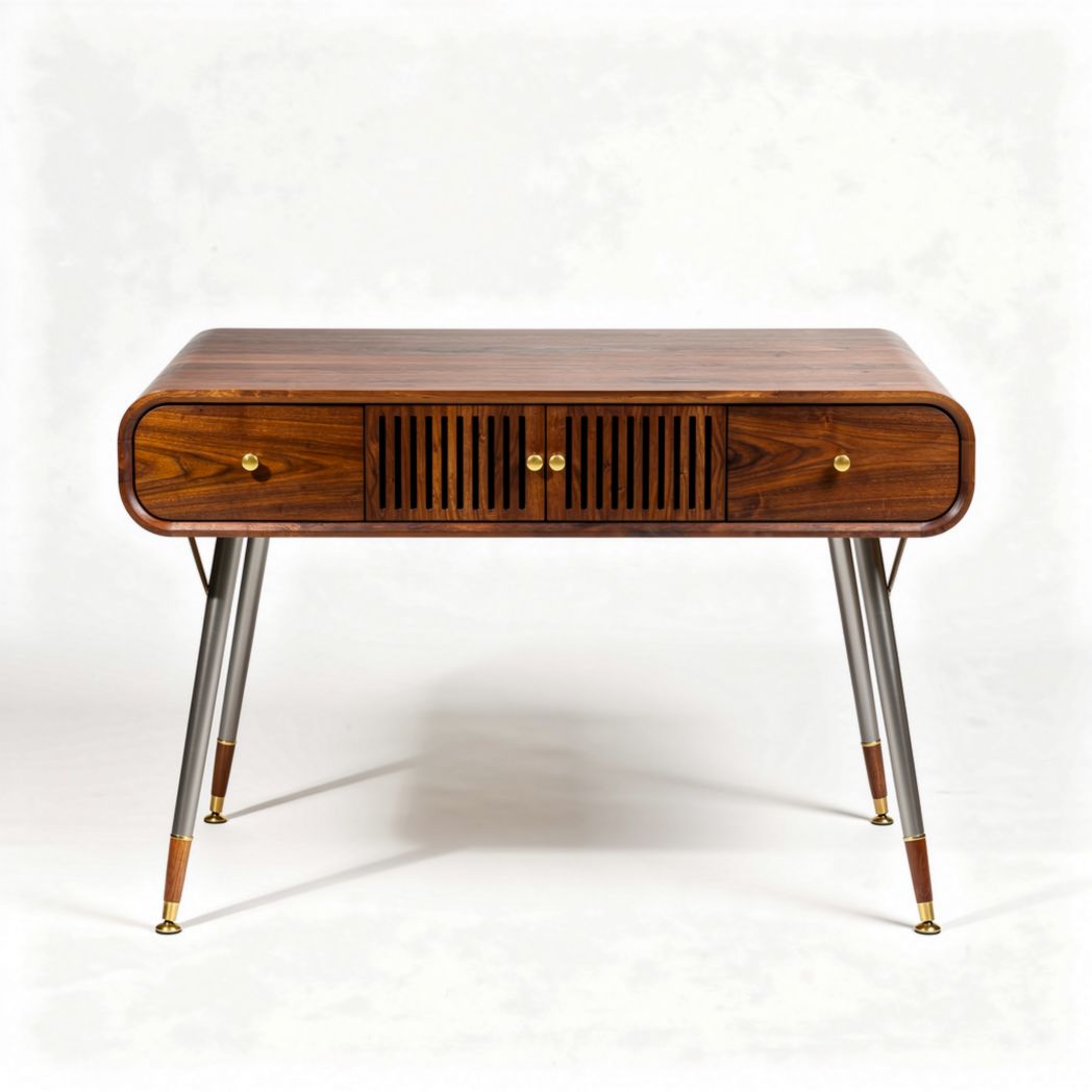 Wooden side table with metal legs and storage drawer 120 x 60 x 75cm