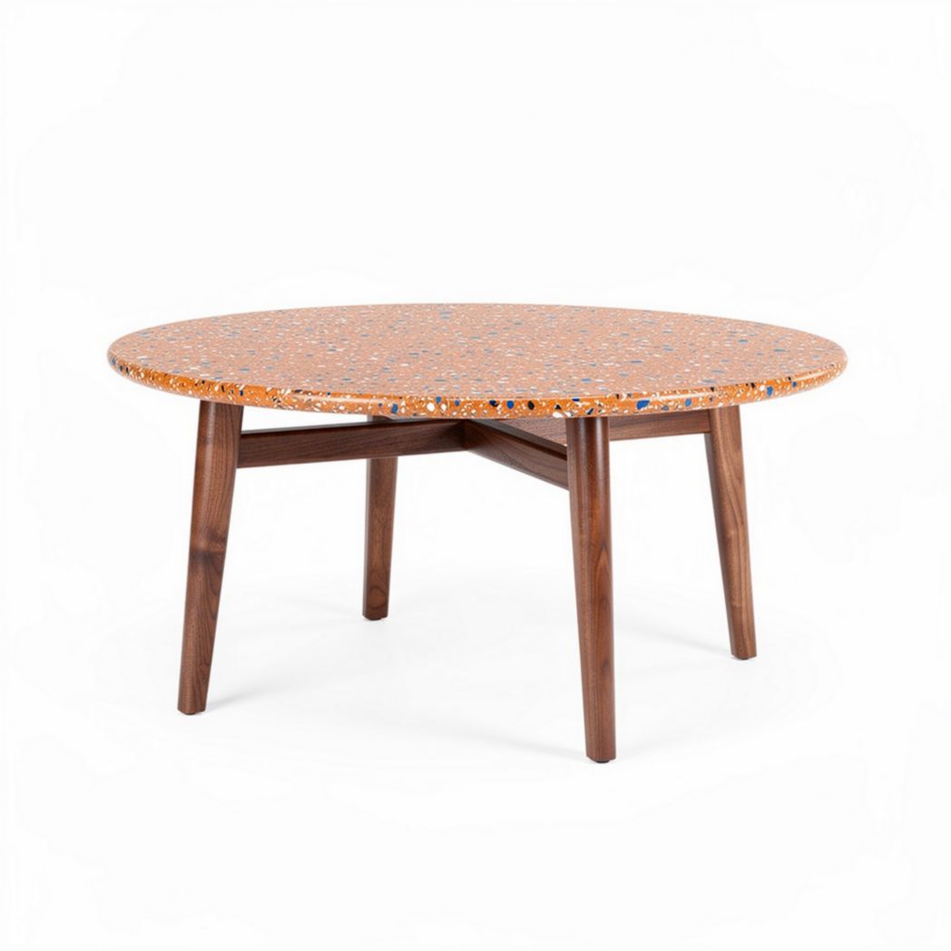 Round coffee table with terrazzo top and wooden legs 100 x 100 x 45cm